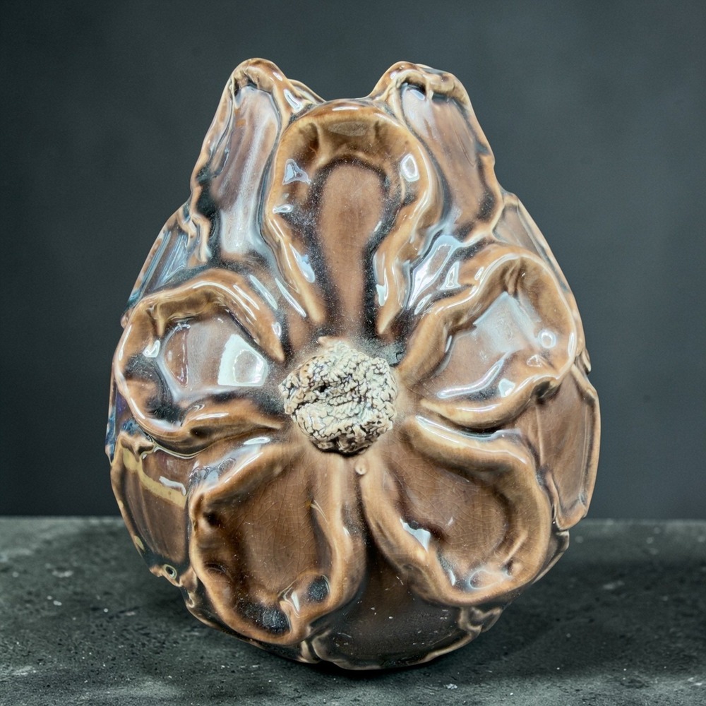 Artisan Ceramic Floral Relief Vase Brown Drip Glaze 3D Sculptural Flower VTG‎